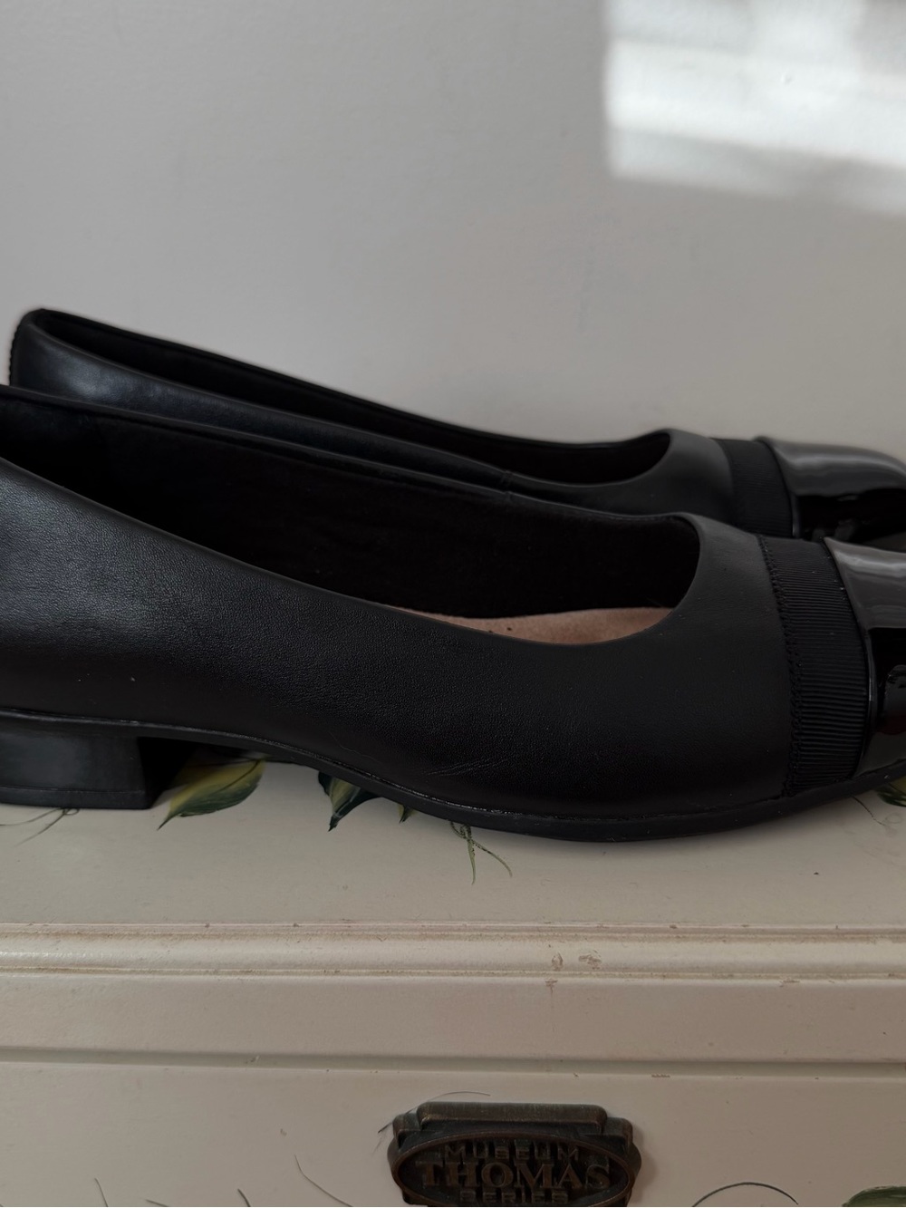 Clarks Black Low Block-Heel Flats with Patent Toe
